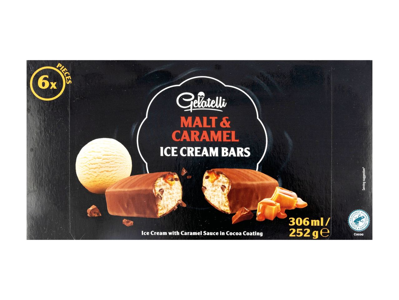 Malt & Caramel Ice Cream Bars with cocoa coating, 6 pieces, 306ml/252g.