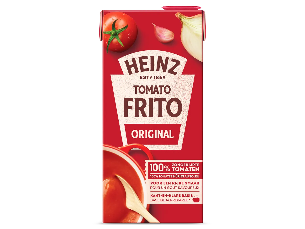 Heinz Tomato Frito pak met tomaten, knoflook en ui, en een pan tomatensaus.
