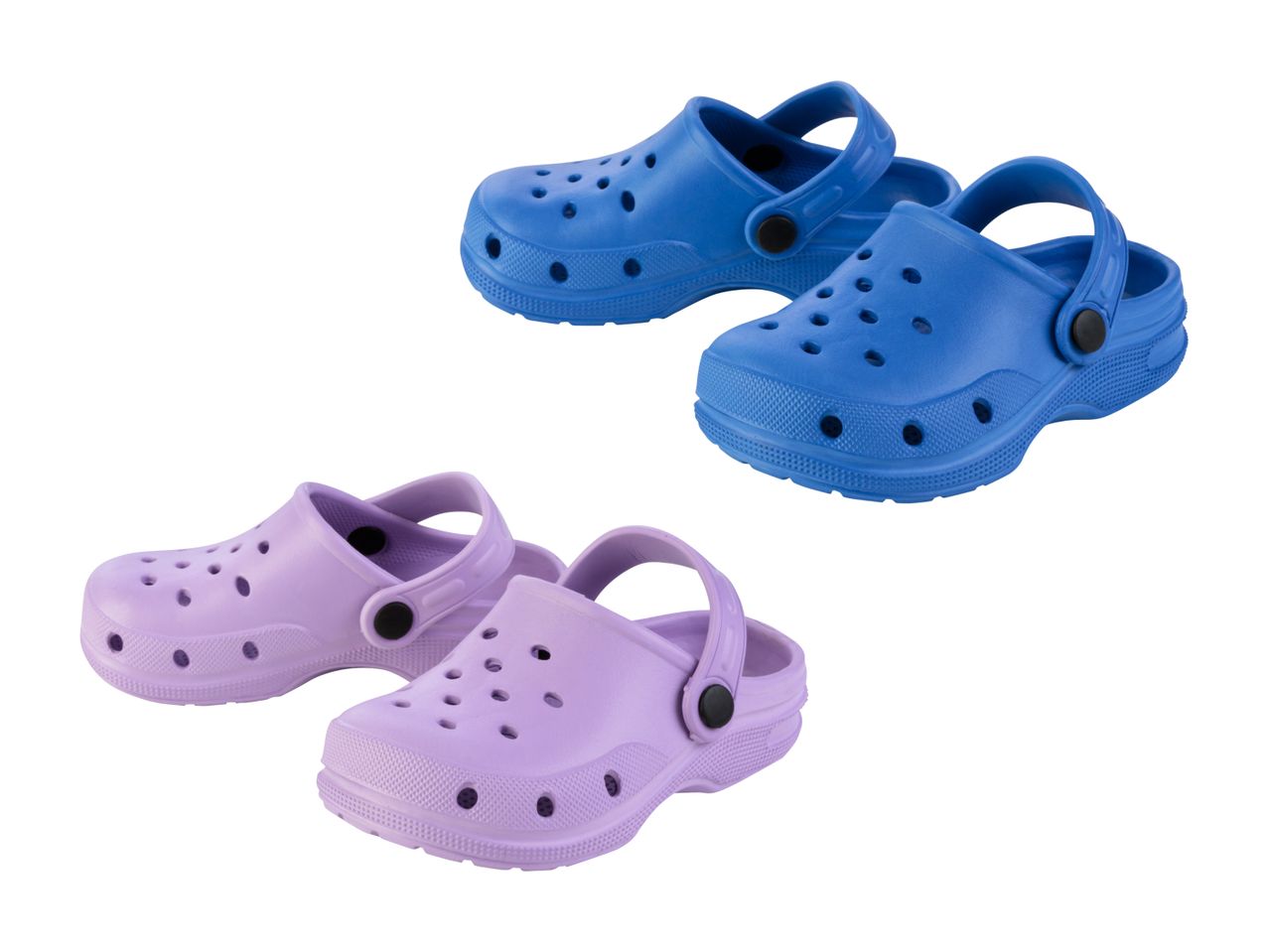 Zwei Paar Plastik-Clogs, ein Paar blau und ein Paar lila.