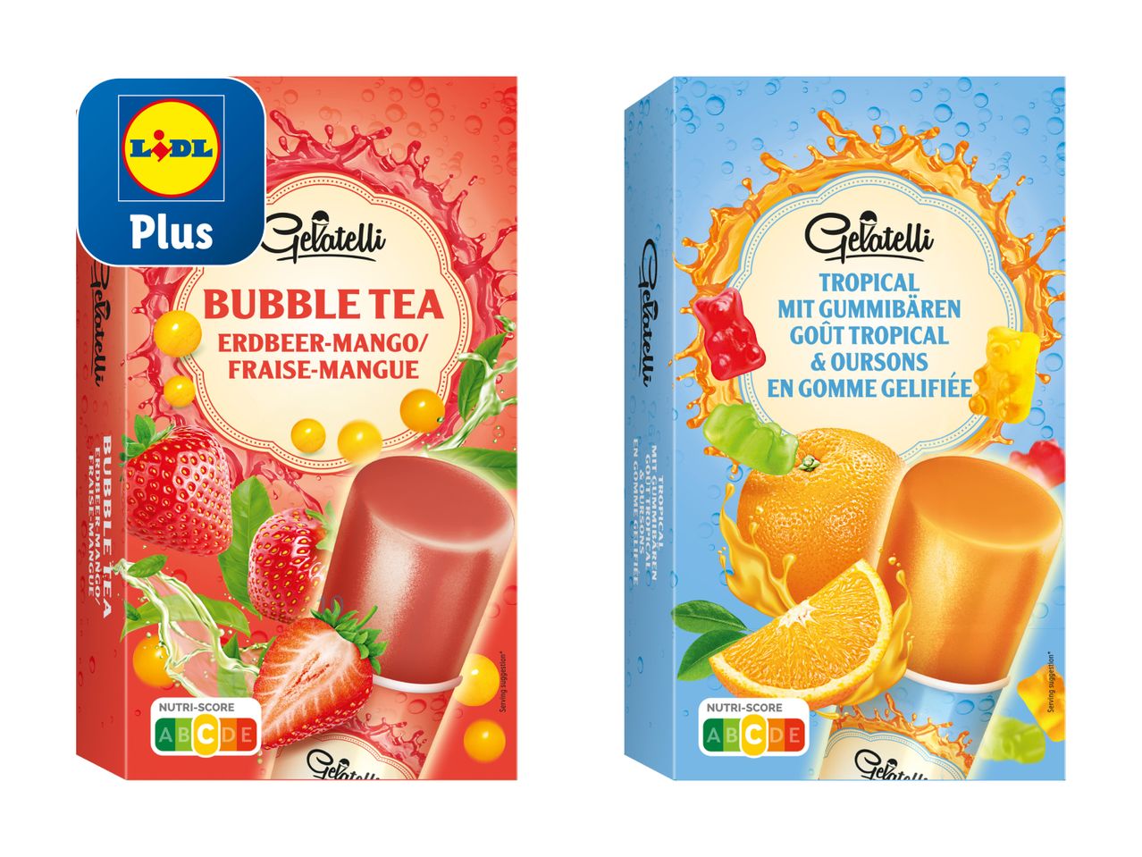 Zwei Plus Wassereis am Stiel, eines mit roten Früchten und eines mit Zitrusfrüchten.
