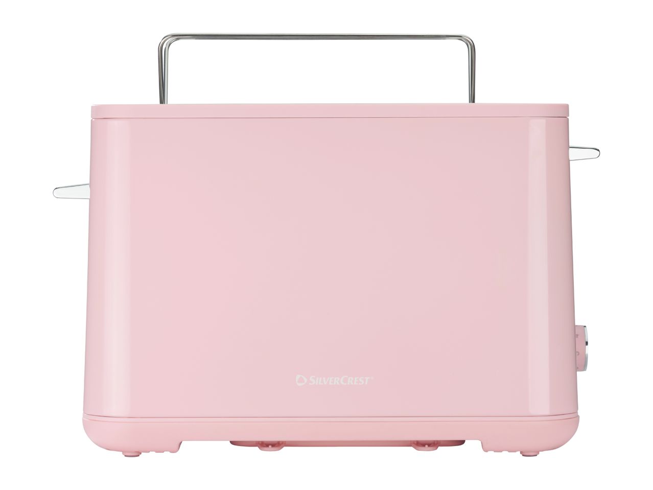 Pink toaster with a metal handle and a control knob on the side.