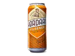 Een blikje pilsener met een mannelijk figuur en de tekst 'PREMIUM QUALITY' en '100% NATUURLIJKE INGREDIËNTEN'.