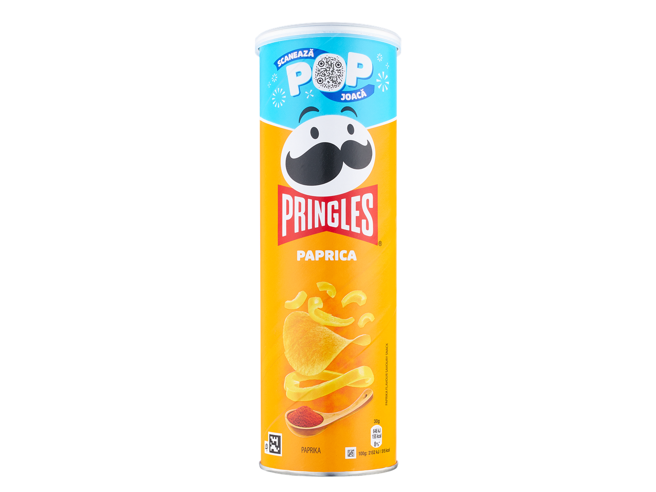 Pringles Paprika traškučiai, oranžiniame cilindre su Mr. P logotipu.