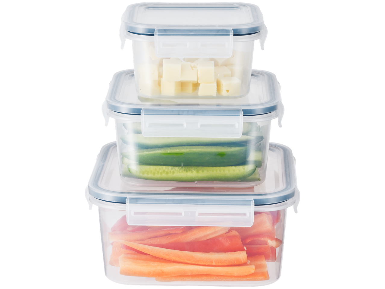 Three stackable clear plastic containers with cheese, cucumbers, and carrots.