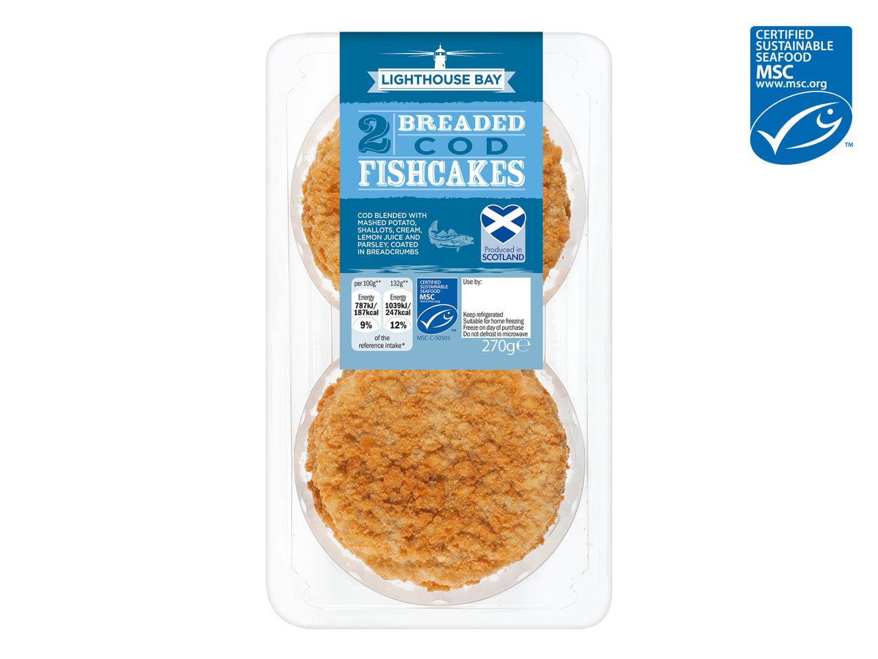 Two Lighthouse Bay breaded cod fishcakes, MSC certified.