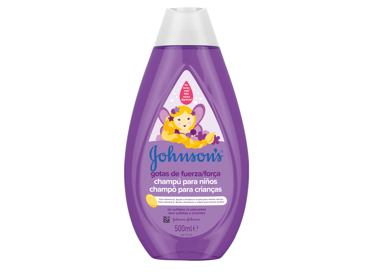 Xampu Johnson's para crianças, com vitamina E, sem sulfatos e corantes.