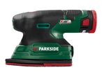 A black and green cordless orbital sander with red accents.