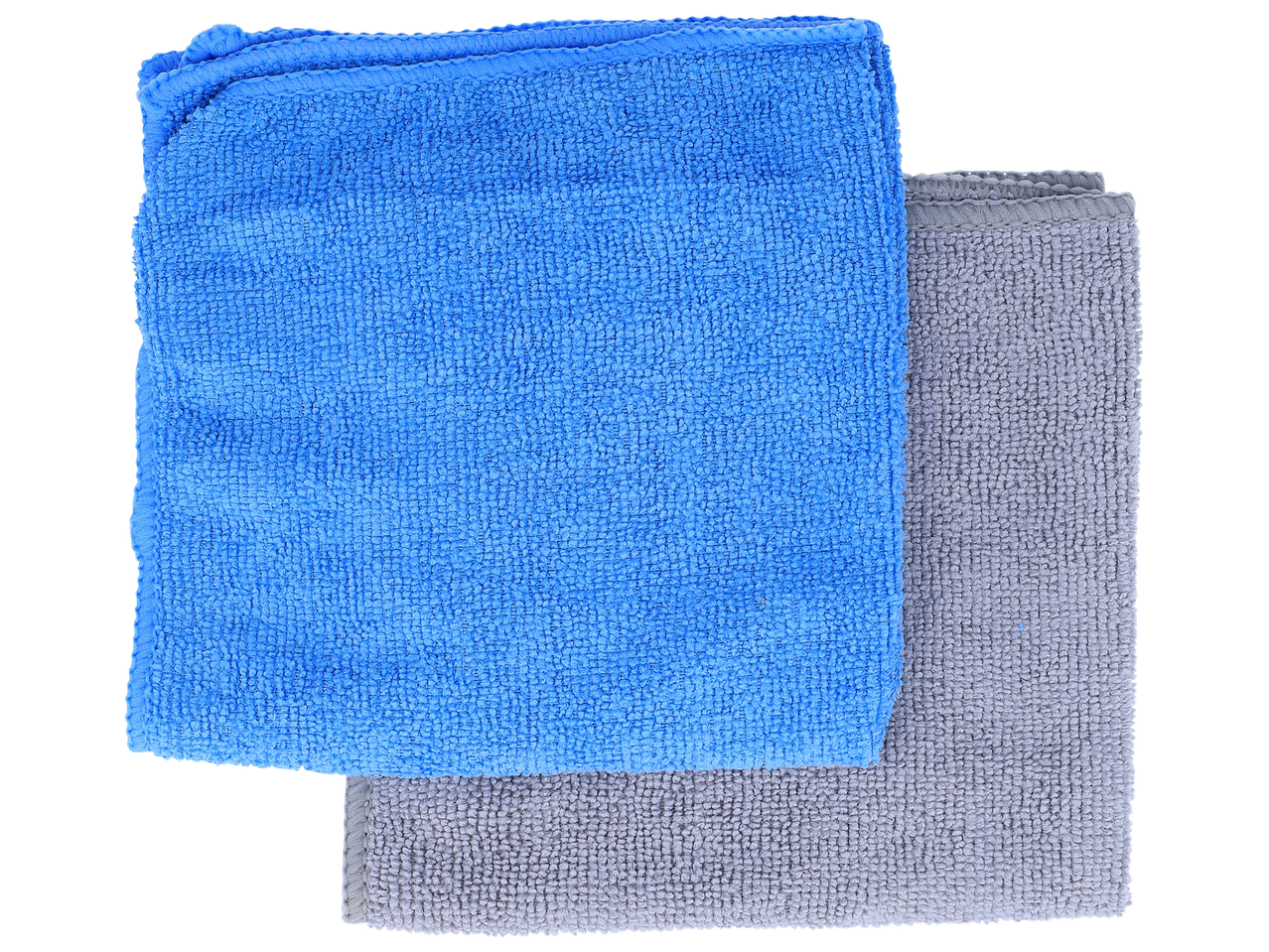 Deux chiffons en microfibre, un bleu et un gris, posés l'un sur l'autre.