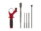 Drill bits, chisel, depth stop, and auxiliary handle for a rotary hammer.