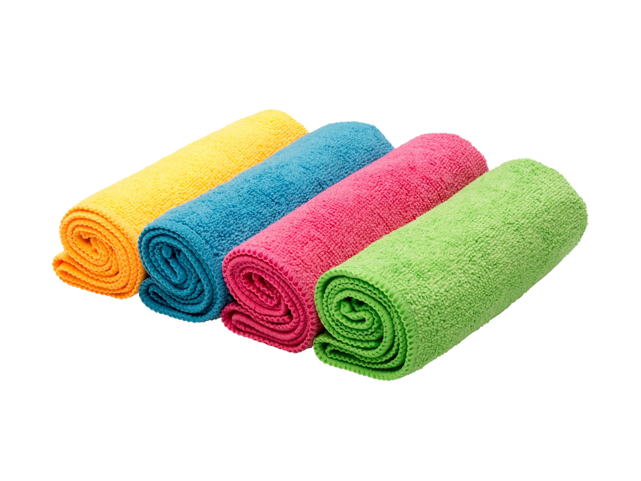 Quatro panos de microfibra Vileda enrolados em cores vivas: amarelo, azul, rosa e verde.