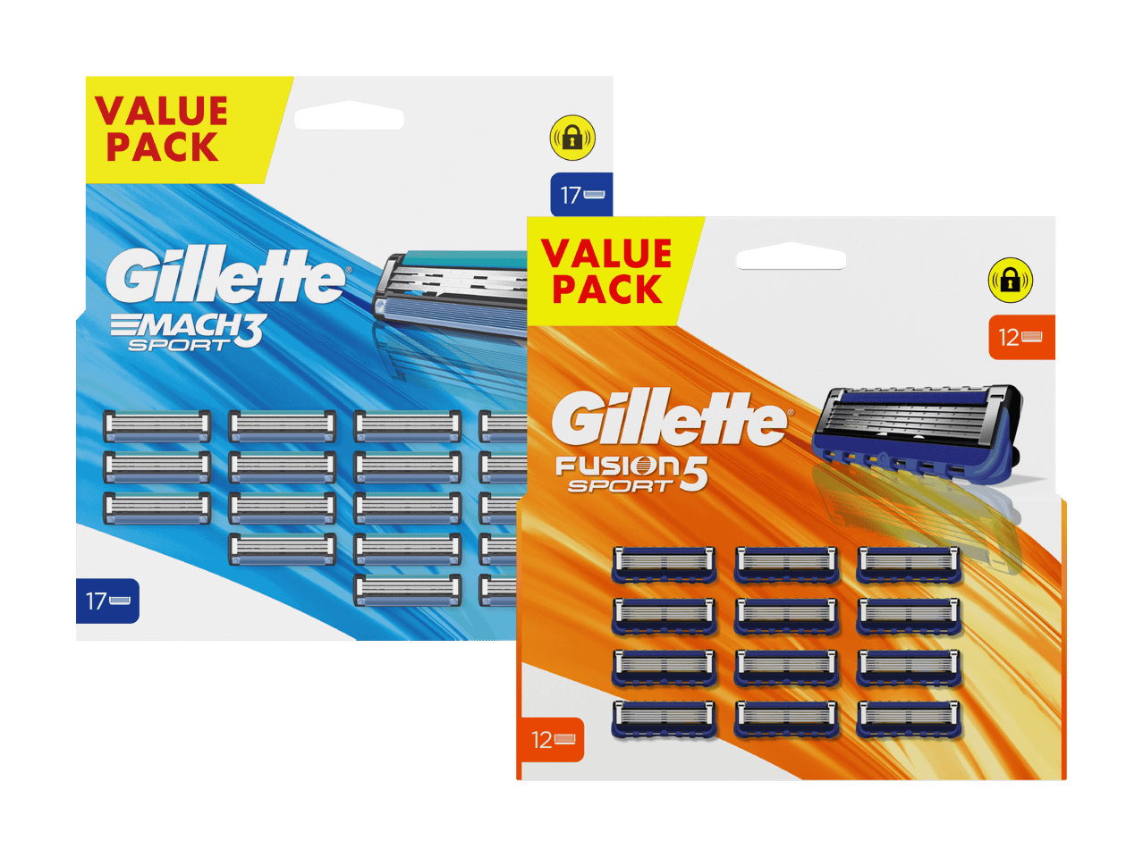 Gillette Fusion5 und Gillette Mach3 Klingen-Mehrfachpackungen.