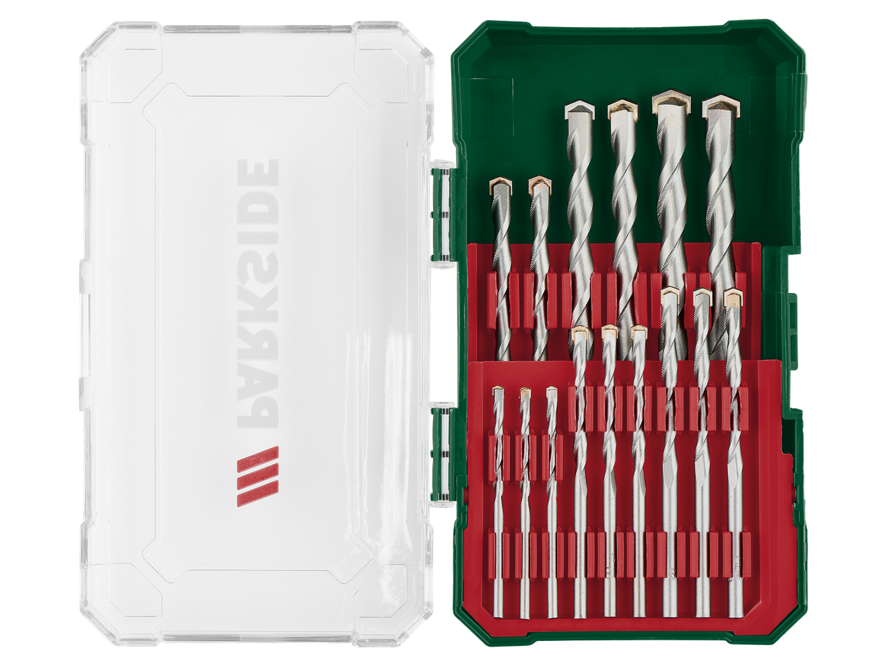 Set de burghie și șurubelnițe Parkside® într-o cutie deschisă.