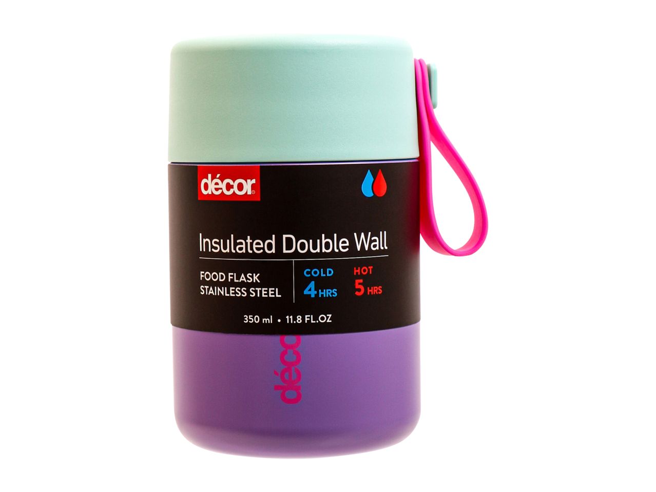Insulated double-wall food flask in mint green and purple, with a pink strap, 350ml capacity.