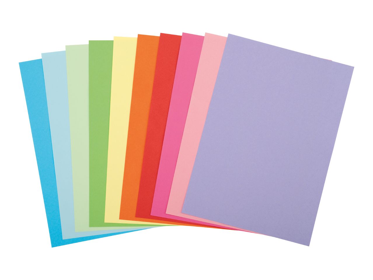 Fan of colorful paper sheets in various shades, including blue, green, yellow, orange, red, pink, and purple.