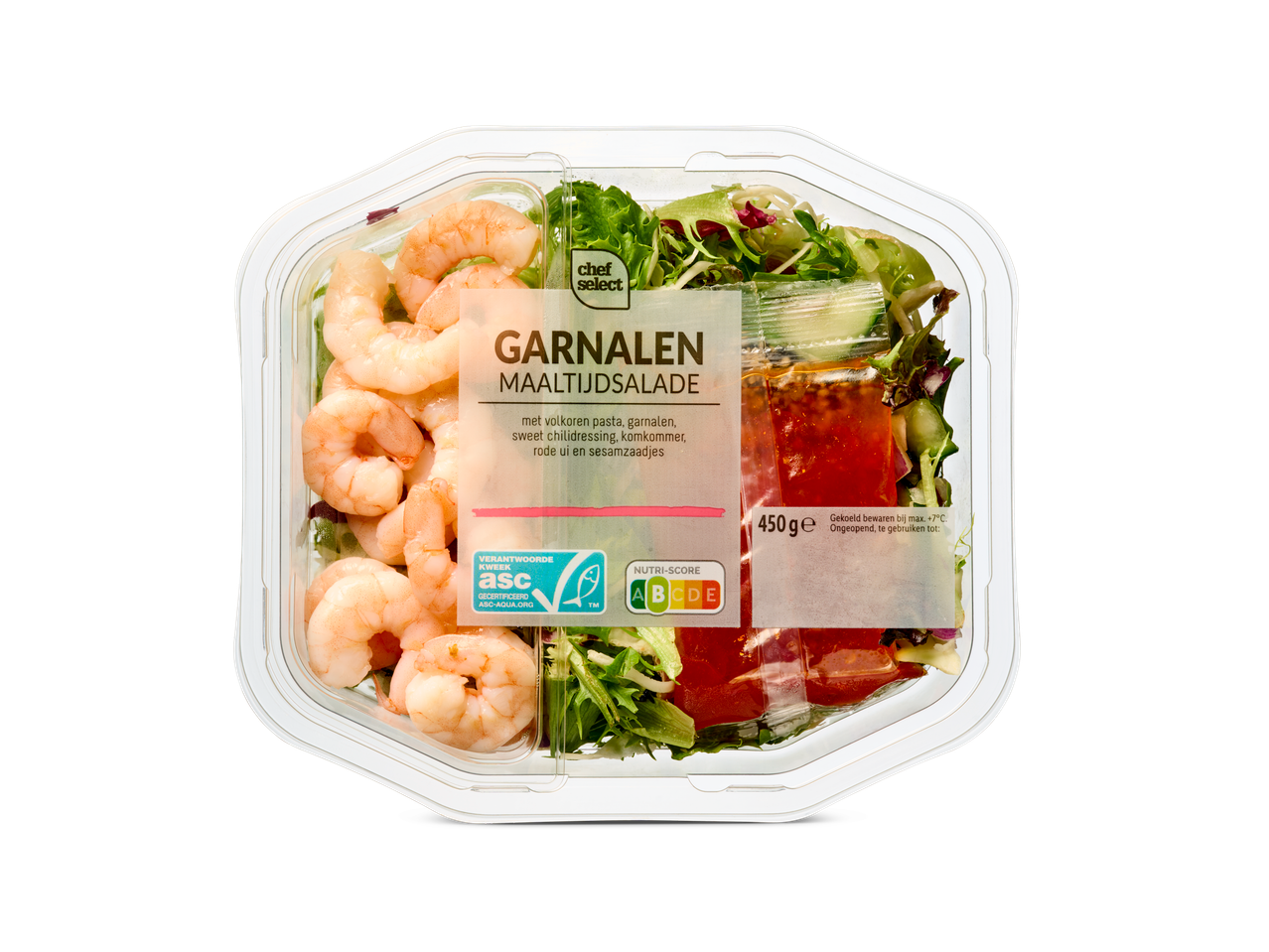 Chef Select garnalensalade met pasta, dressing en groenten.