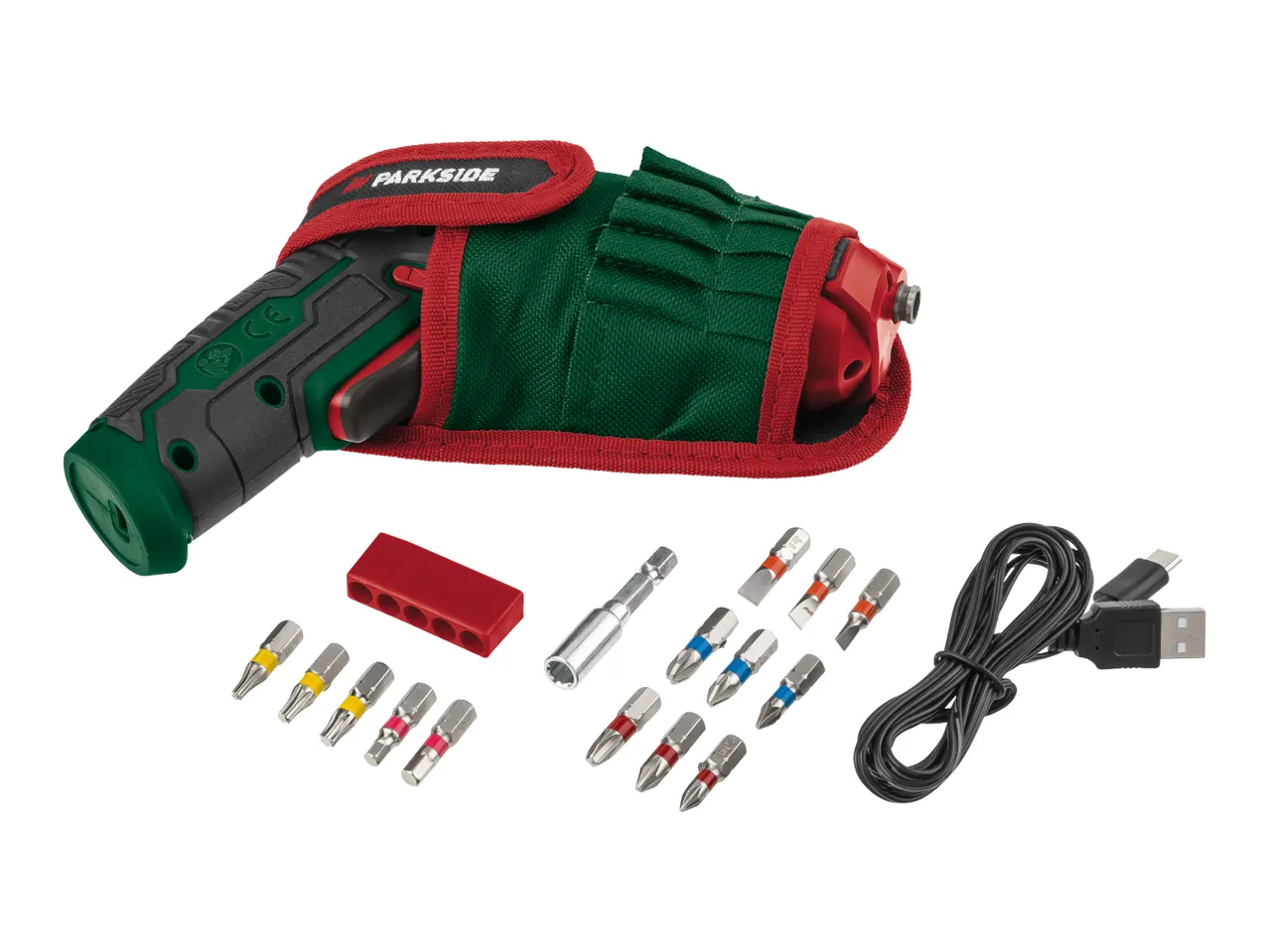 A Parkside cordless screwdriver with a green and red fabric case, various screwdriver bits, a bit holder, and a USB charging cable.