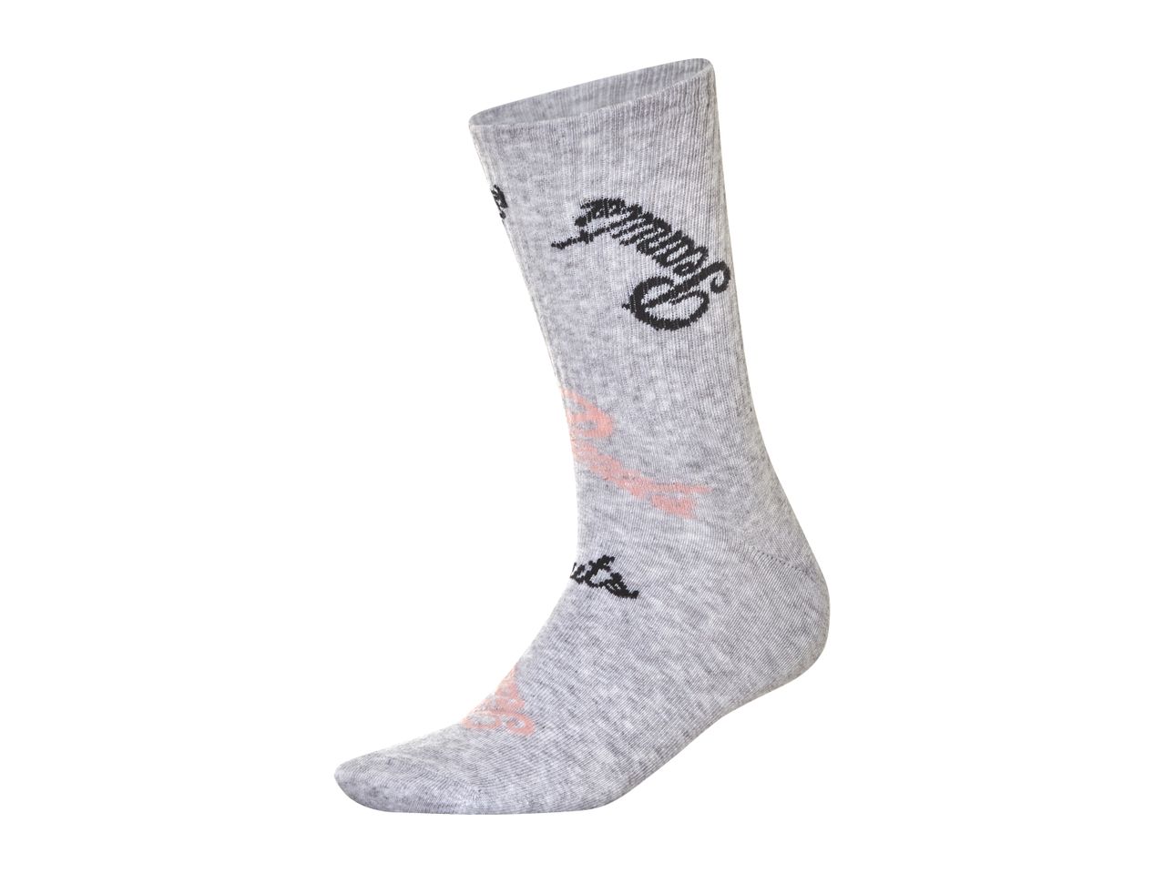 A single grey sock with black and pink text, featuring the word 'Peanuts'.