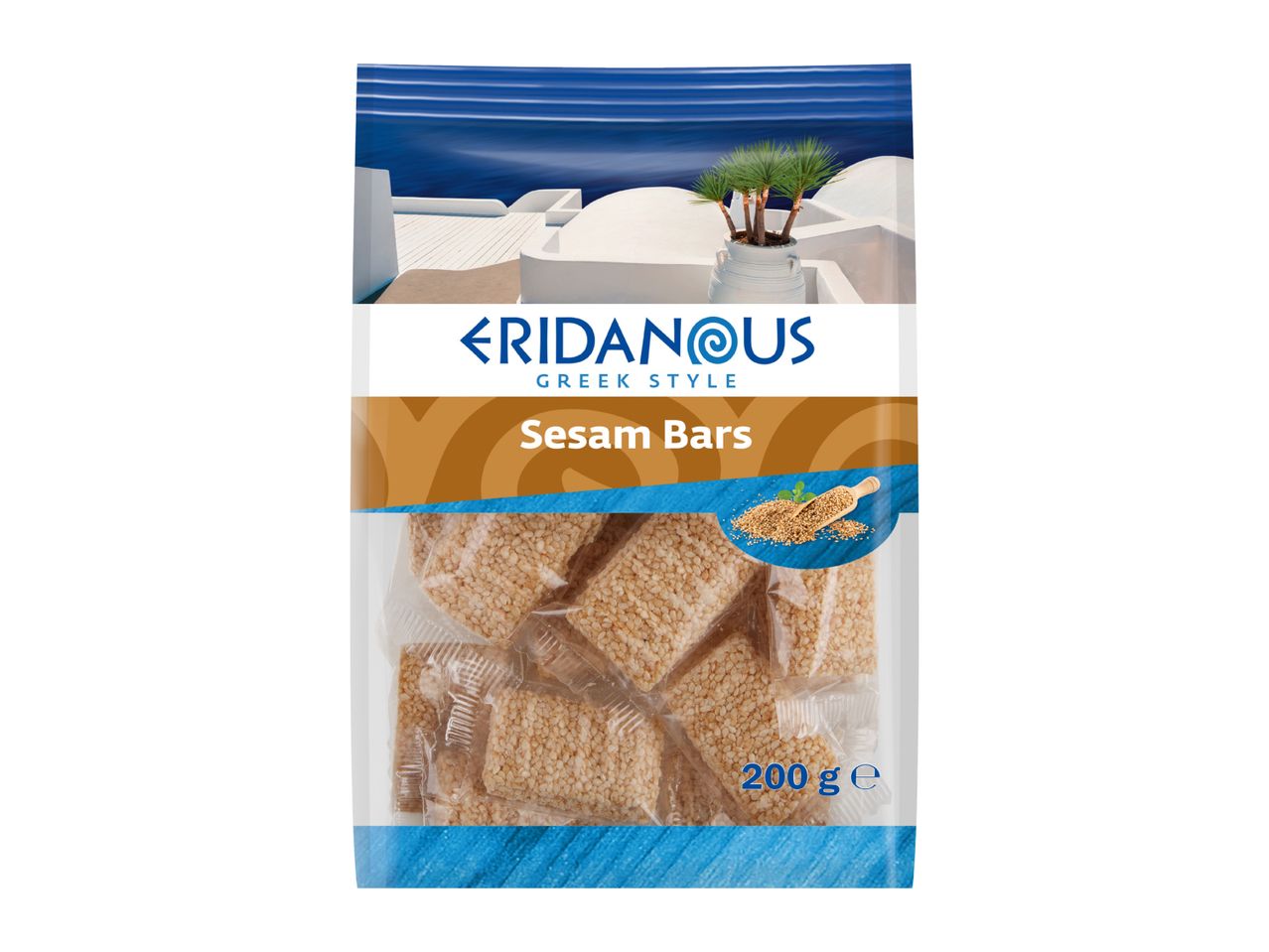 Greek-style sesame bars in clear packaging, with a blue and white Greek island scene.