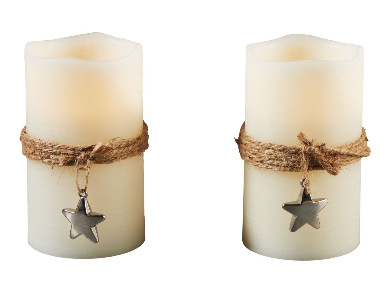 Two cream-colored LED candles with jute rope and a silver star charm
