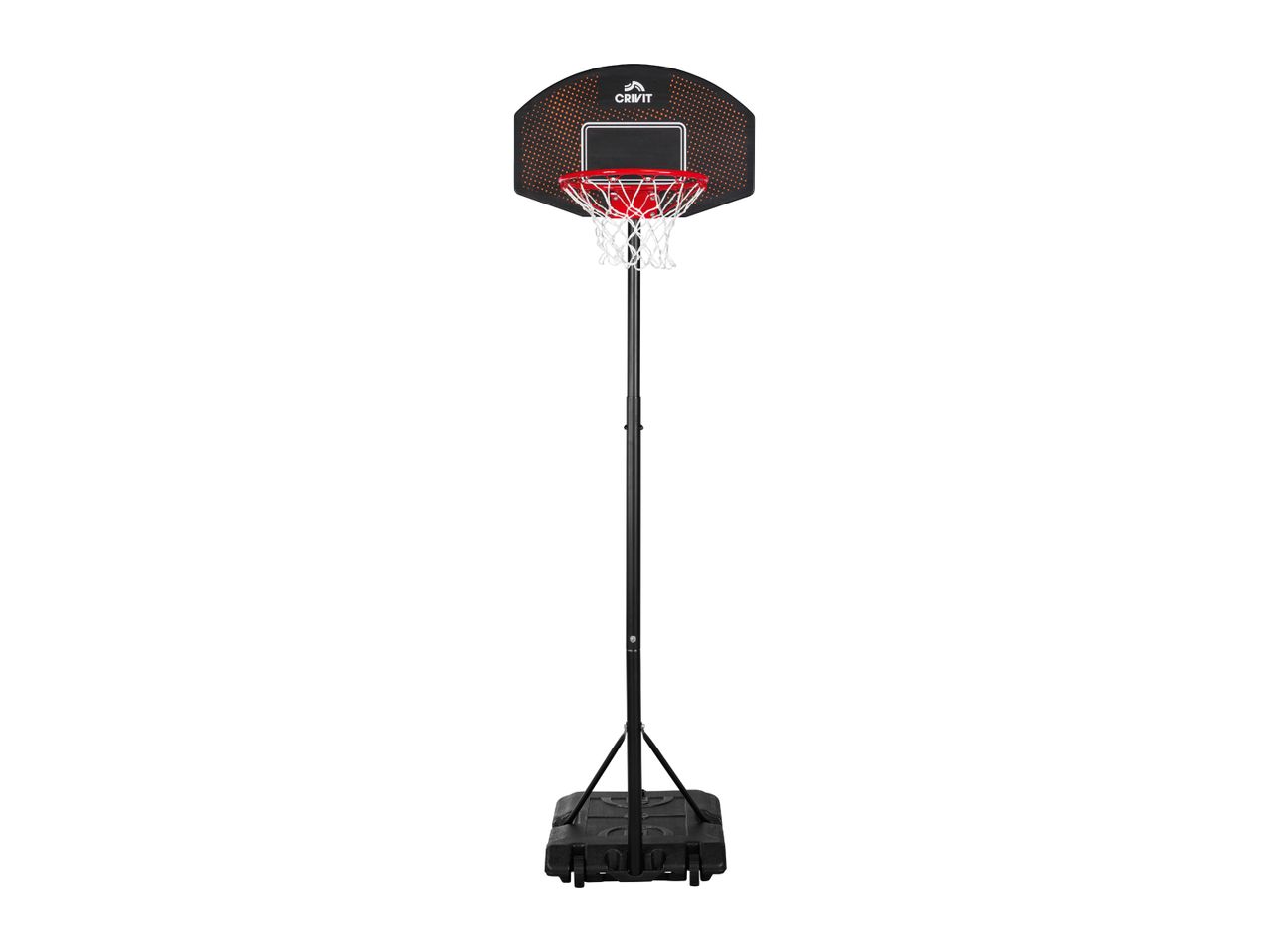 Portable basketball hoop with a black backboard, red rim, and white net on a black base.