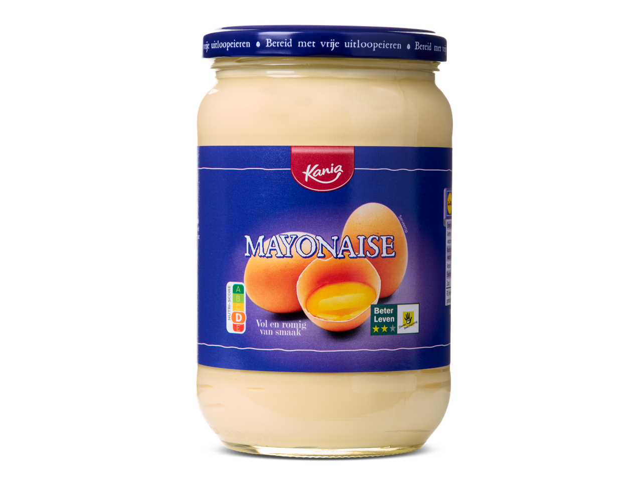 Kania Mayonaise pot met eieren, Nutri-Score D en Beter Leven keurmerk.
