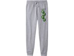 Gray Minecraft sweatpants with a logo and green creeper blocks on the left leg.