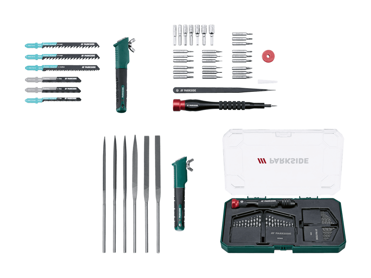 Handwerkzeugset mit Stichsägeblättern, Feilen, Präzisionsschraubendrehern und Bohrer-Bits.