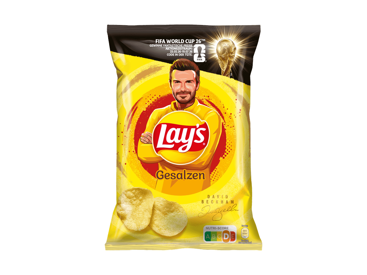 Tüte gesalzener Kartoffelchips mit David Beckham und dem Weltpokal.