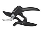 Black bypass garden pruner with silver blades and a spring mechanism
