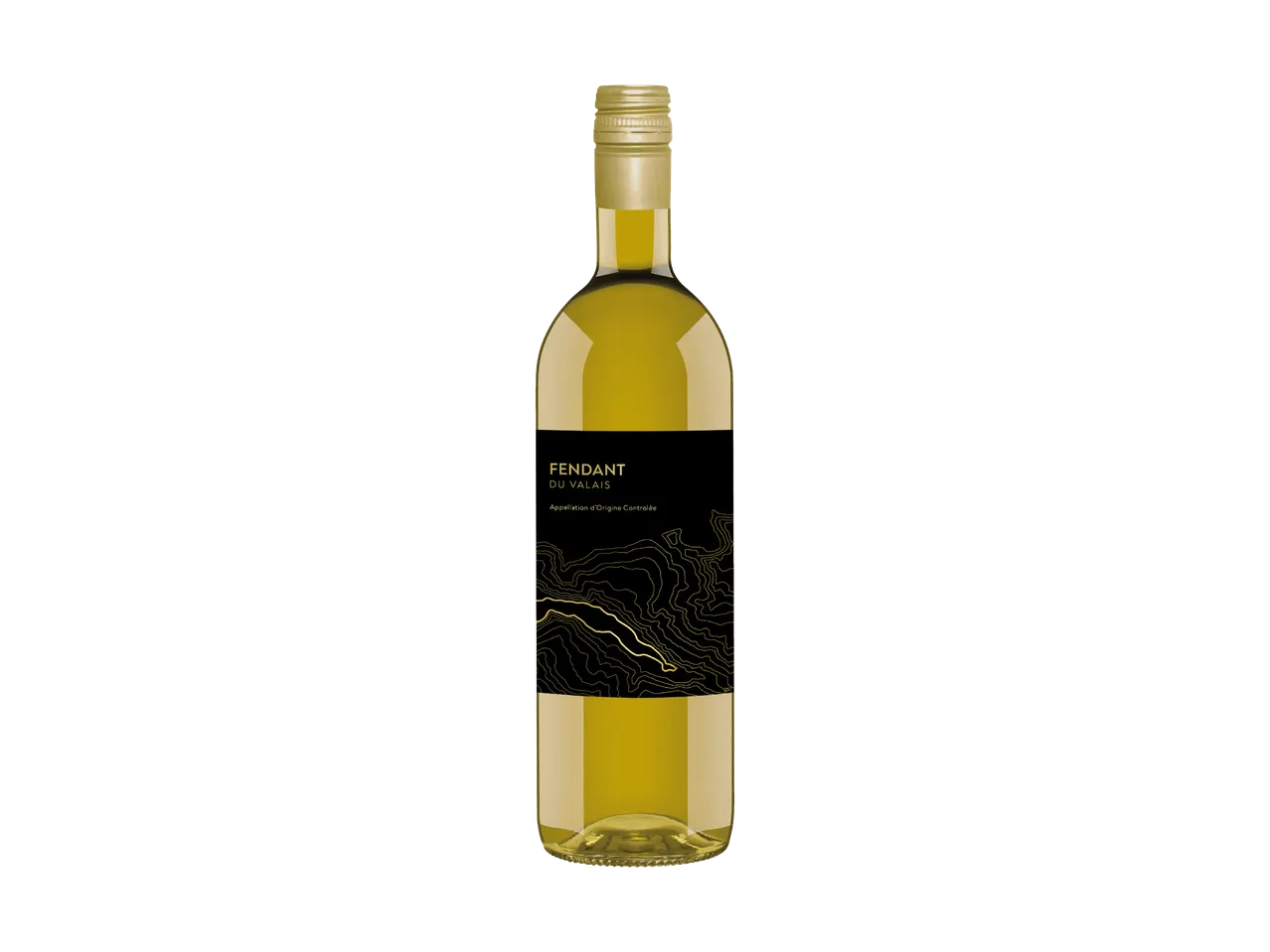 Eine Flasche Fendant du Valais Weißwein mit schwarzem und goldenem Etikett.