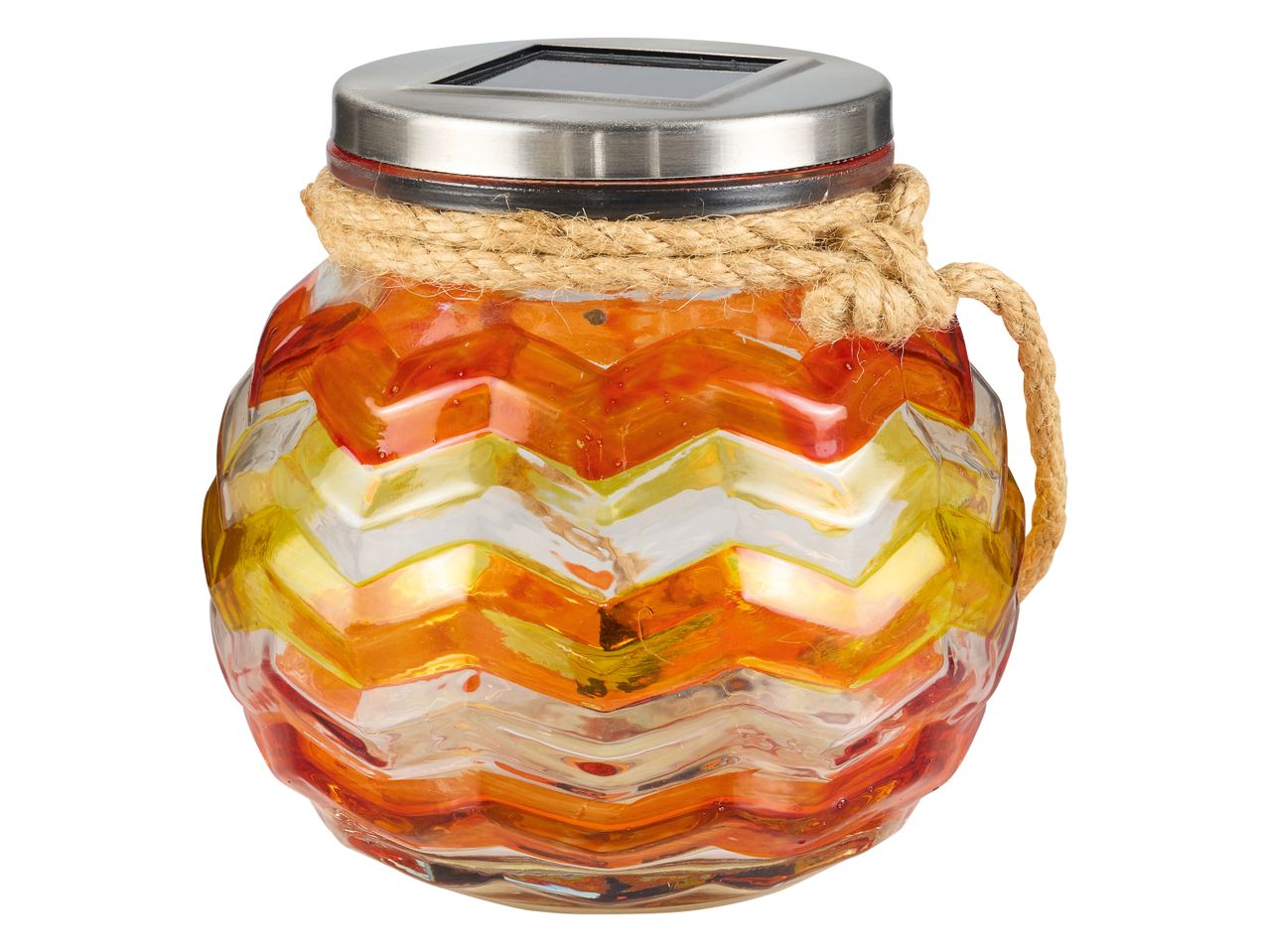Solar Glass Light with a zigzag pattern in orange, yellow, and white, and a rope accent.
