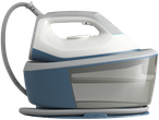 Philips steam generator iron in white and blue with a transparent water tank.