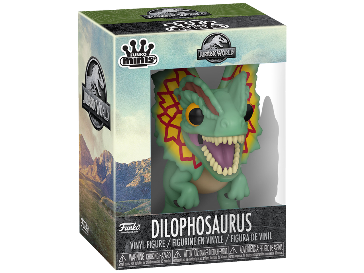 Funko Minis Dilophosaurus figure from Jurassic World in its box.