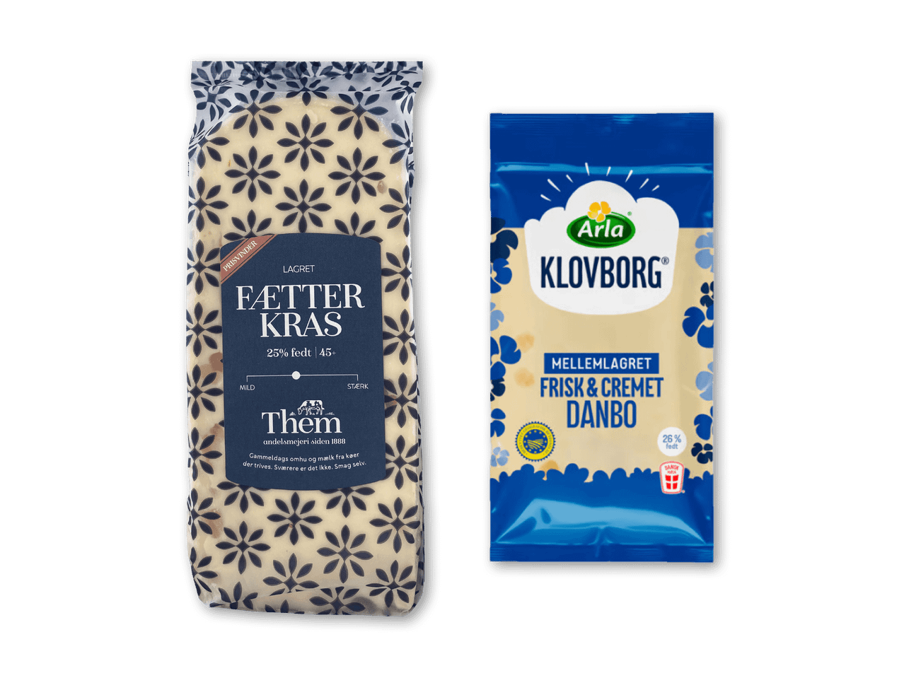 To pakker ost: en med mønster og teksten 'Fætter Kras', en blå med teksten 'Klovborg Danbo'.