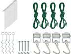 Un set di picchetti, corde, ancoraggi a spirale, bulloni e cinghie a cricchetto.