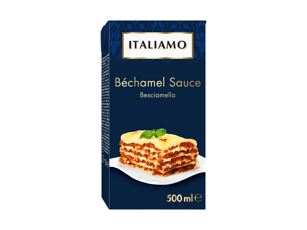 Brique de sauce béchamel avec une image de lasagnes sur le devant.
