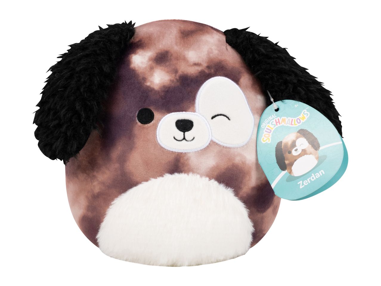 Brown and white dog plush toy with black floppy ears and a tag that says 'Zerdan'