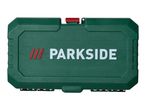 Green plastic tool case with red latch and white lettering