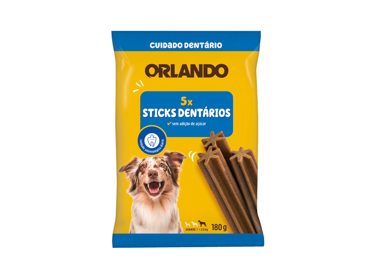 Orlando Dental Sticks para Cão, 5 unidades, sem adição de açúcar, para cães grandes (+25kg), 180g.