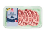 Pakke med nakkekoteletter af dansk gris, 1000 g, med et 'STORKØB'-mærke.