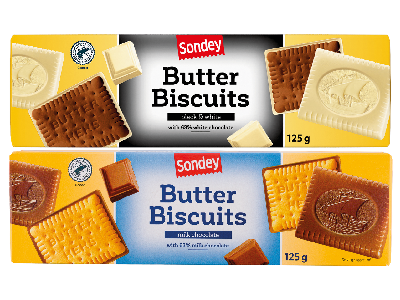 Två Sondey Butter Biscuits-askar, en med vit och en med mjölkchoklad.
