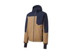 Men's two-tone ski jacket in navy blue and tan with a full zipper and hood.
