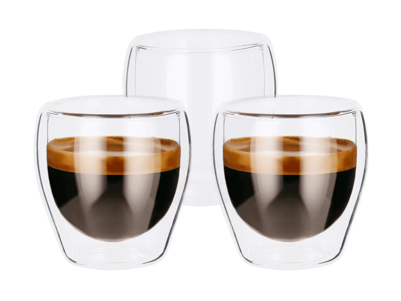 Tre dobbeltvæggede glas, to fyldt med espresso og et tomt.
