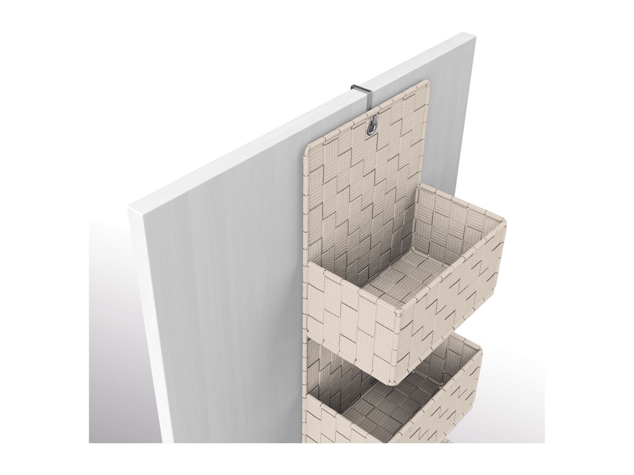 Three beige woven baskets hang from a white wall-mounted organizer.