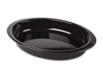 Eine schwarze, ovale Auflaufform aus Emaille.