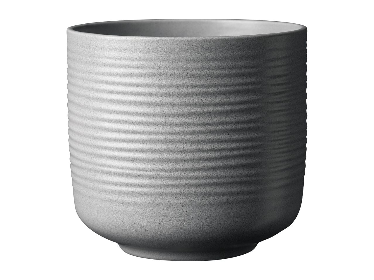 Grey ceramic plant pot with horizontal ridges