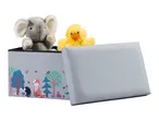 Plush elephant and duck toys in a storage box with a forest animal design.