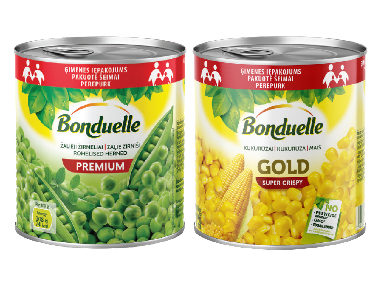 Divas Bonduelle konservu bundžas: zaļie zirnīši Premium un kukurūza Gold Super Crispy.