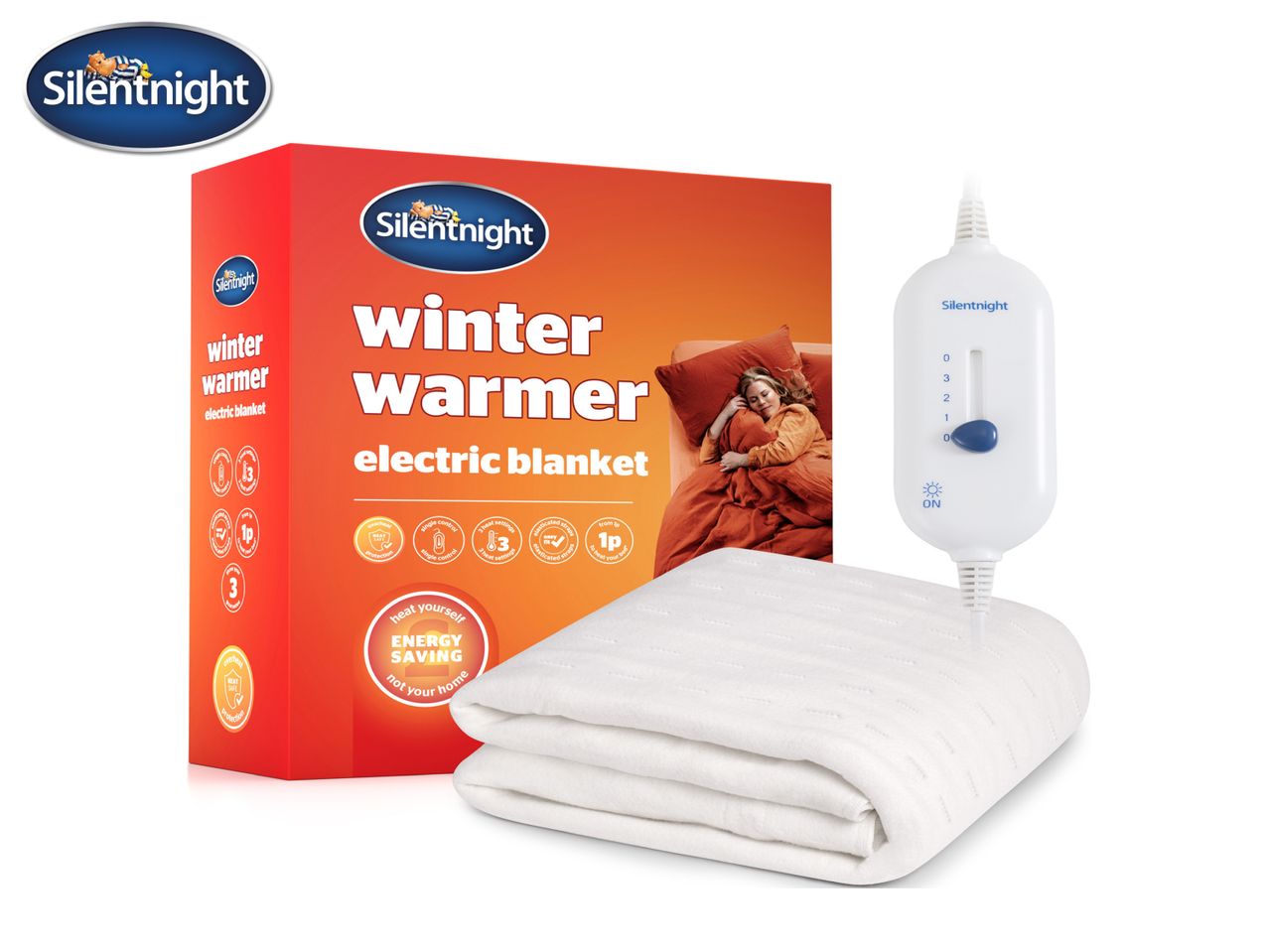 Silentnight Winter Warmer electric blanket with a control unit and packaging showing a person in bed.