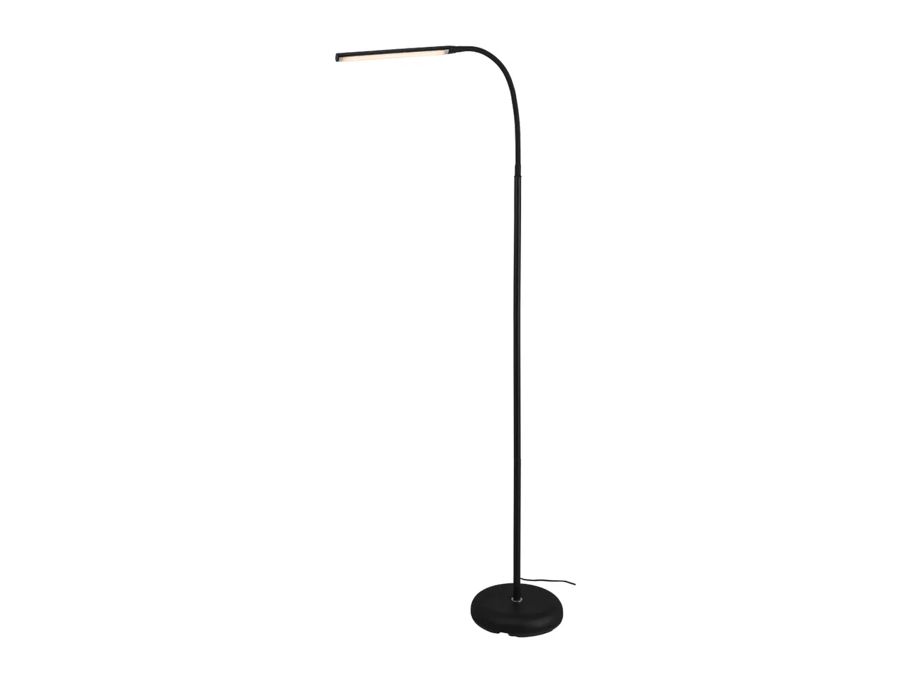 Black LED floor lamp with a curved neck and a round base, emitting warm light.